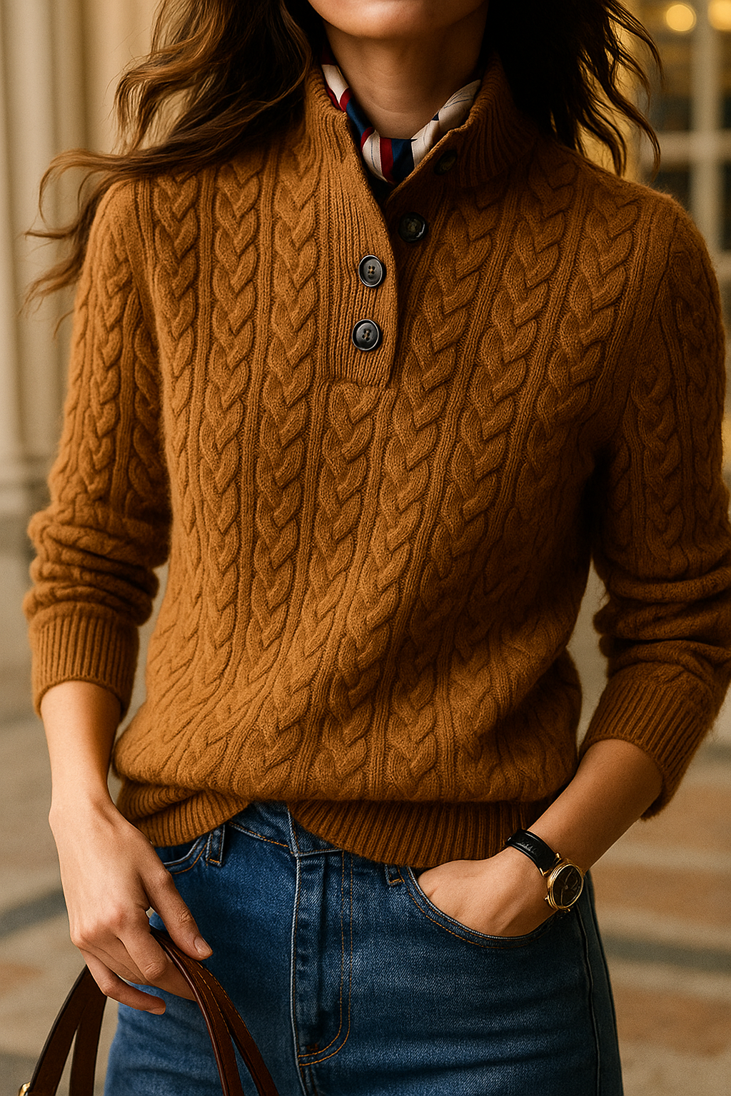 Tobacco brown cable-knit wool blend henley sweater featuring a button-up stand collar and a slim, tailored fit.
