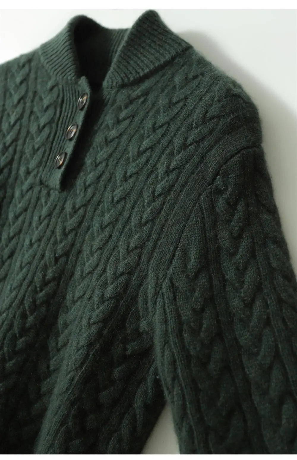 Dark forest green wool-blend cable-knit henley sweater featuring a button-up stand collar and a snug, tailored fit.