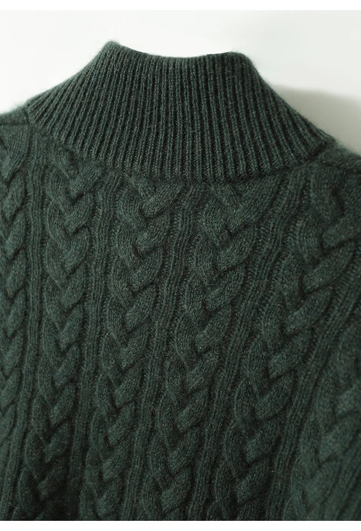 Dark green wool-blend cable-knit sweater featuring a ribbed stand collar and raised braided texture.