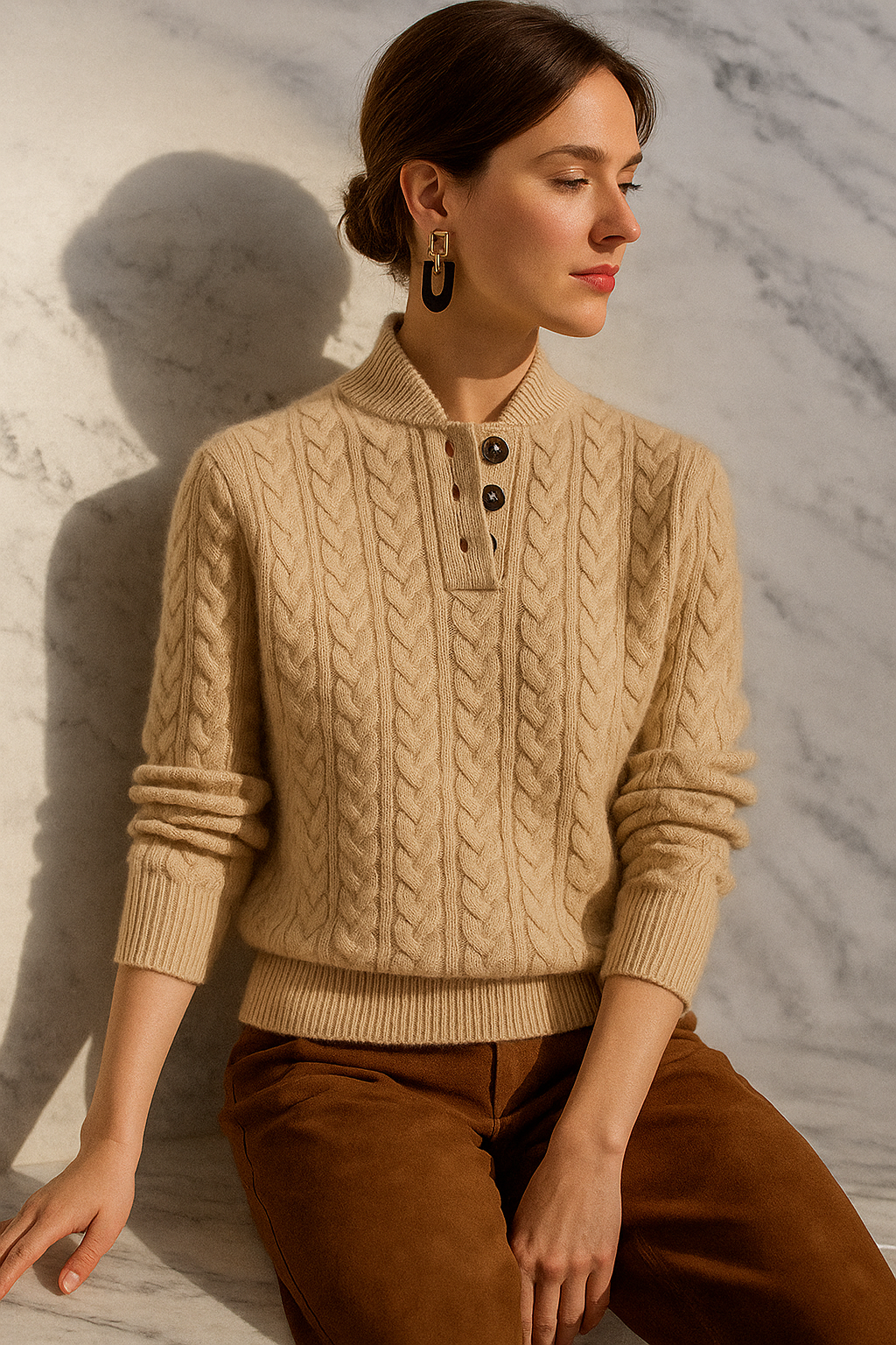 Beige wool-blend cable-knit henley sweater with a buttoned stand collar and slim, tailored fit.