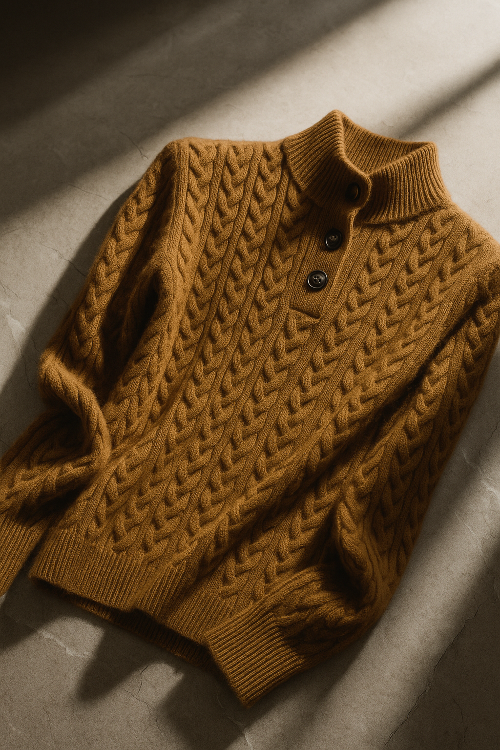 Tan wool-blend cable-knit henley sweater featuring a button-up stand collar and a slim, textured fit on a neutral surface.