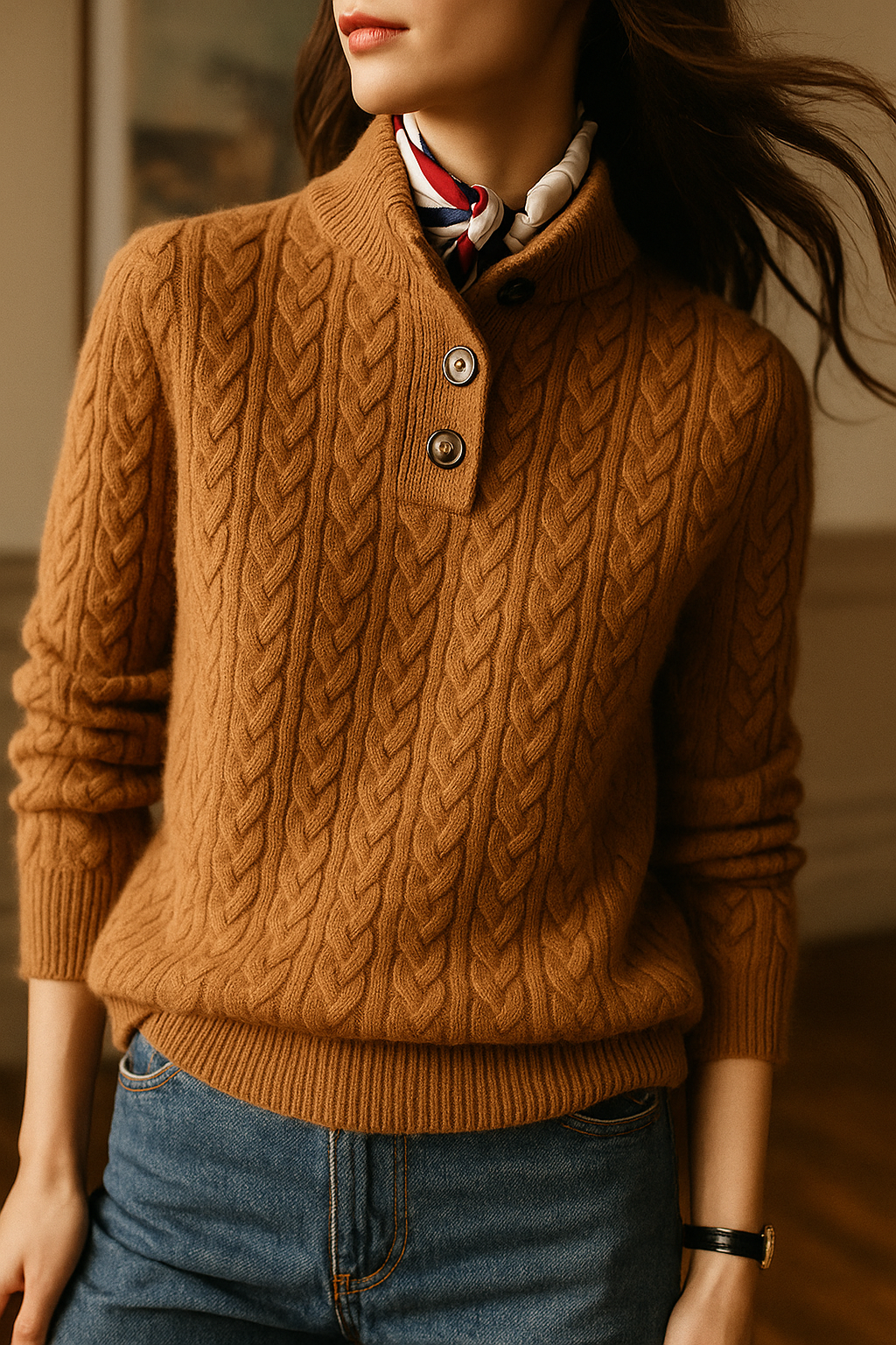 Tan wool-blend cable-knit henley sweater featuring a buttoned stand collar and slim, tailored fit.