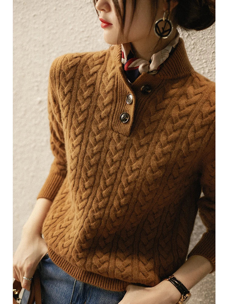 Tan cable-knit wool blend henley sweater featuring a button-up stand collar and a slim, tailored fit.