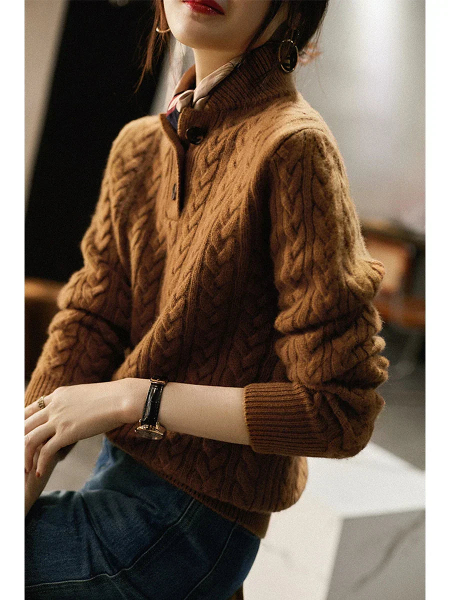 Brown wool-blend cable-knit henley sweater featuring a button-up stand collar and a snug, slim-fit silhouette.