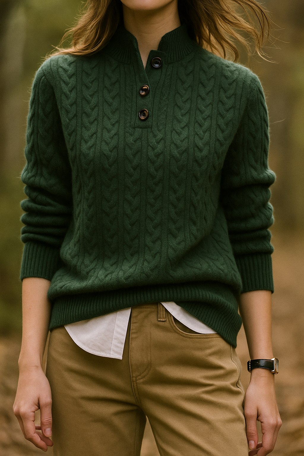 Forest green cable-knit wool blend henley sweater with a buttoned stand collar and slim, tailored fit.