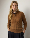 Brown wool-blend cable-knit henley sweater featuring a button-up stand collar and a snug, slim-fit silhouette.