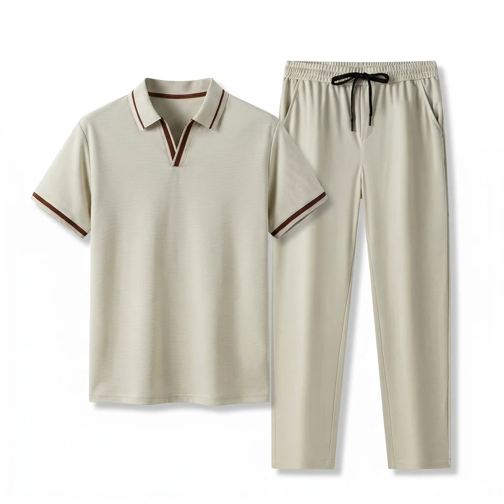 Men's gray short-sleeve polo shirt with matching drawstring pants displayed as a coordinated two-piece outfit.