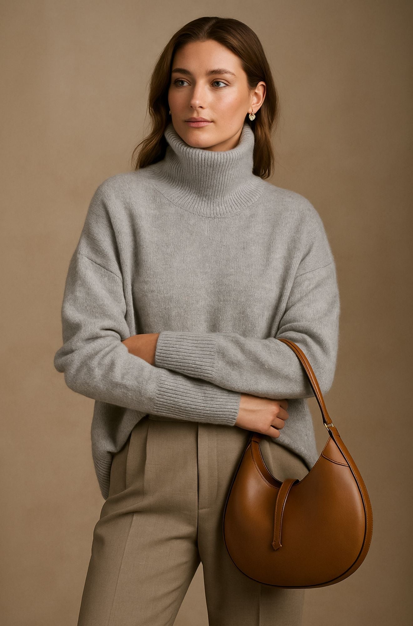 Light gray oversized turtleneck sweater with a relaxed silhouette and ribbed cuffs, paired with taupe trousers.