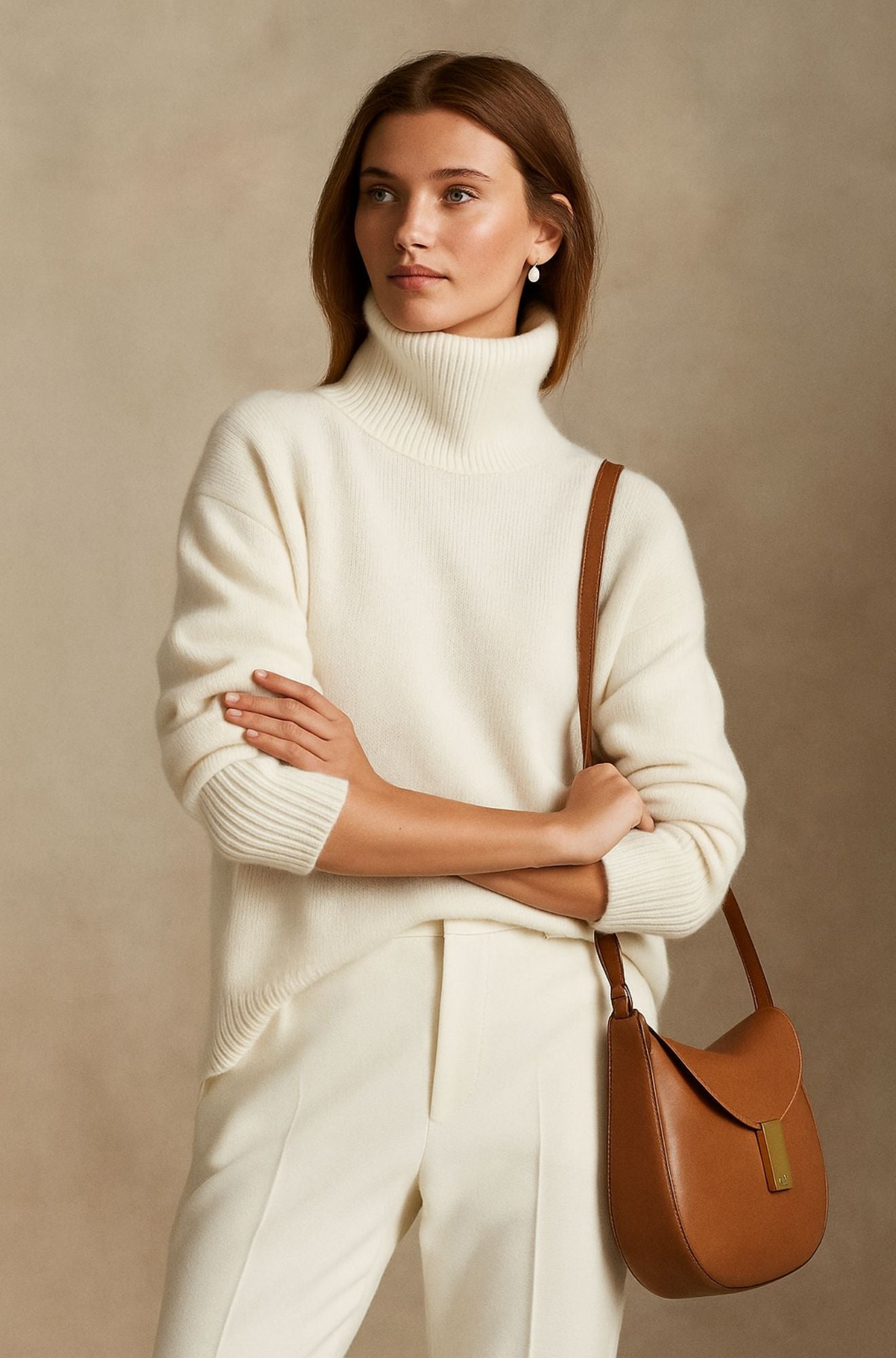 Cream oversized turtleneck sweater with a relaxed fit and ribbed cuffs, styled with matching light-colored trousers.