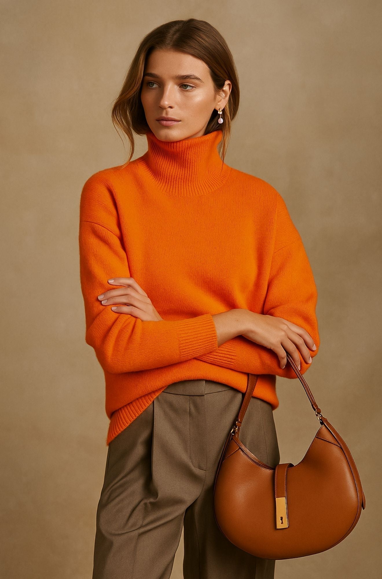 Bright orange oversized turtleneck sweater with a relaxed silhouette and ribbed cuffs, styled with neutral trousers.