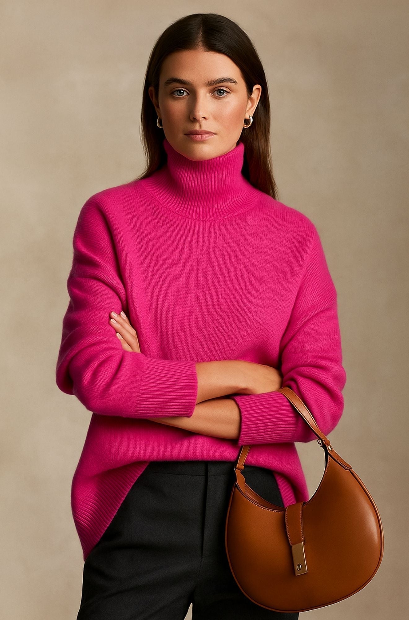 Fuchsia oversized turtleneck sweater featuring a relaxed fit, dropped shoulders, and ribbed cuffs, paired with gray trousers.