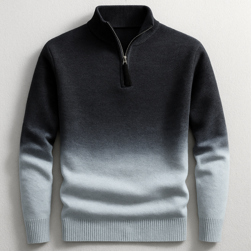 Black and gray ombré quarter-zip knit sweater featuring a stand collar, ribbed cuffs, and ribbed hem on a white background.