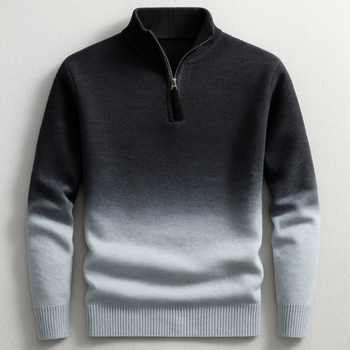 Black and gray ombré quarter-zip knit sweater featuring a stand collar, ribbed cuffs, and ribbed hem on a white background.