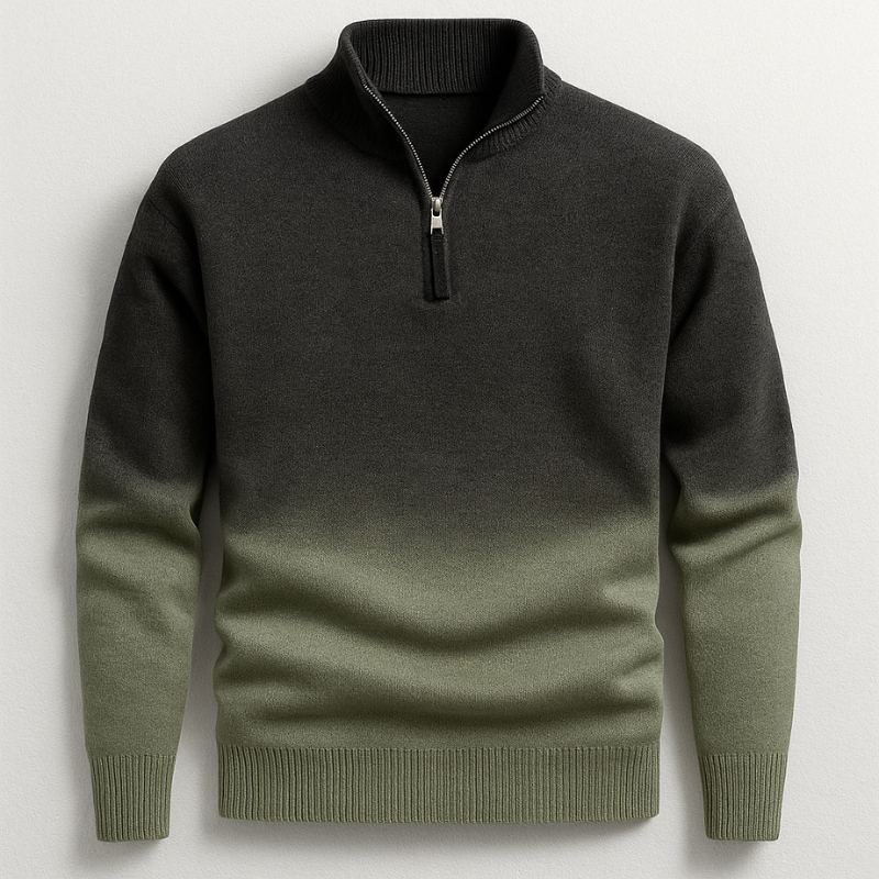 Black and olive green ombré quarter-zip knit sweater with a stand collar, ribbed cuffs, and ribbed hem on a white background.