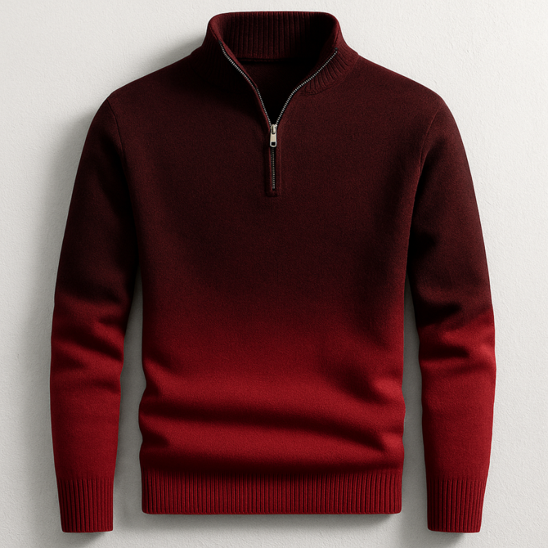 Burgundy and red ombré quarter-zip knit sweater featuring a stand collar, ribbed cuffs, and ribbed hem on a white background.