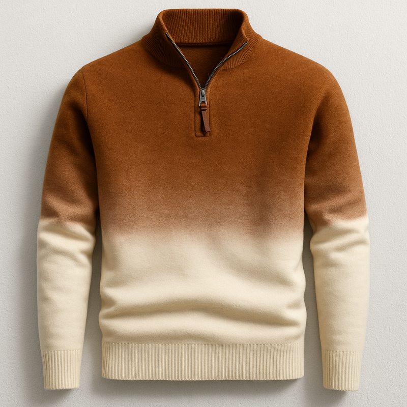 Brown and cream ombré quarter-zip knit sweater with a stand collar, ribbed cuffs, and ribbed hem on a white background.