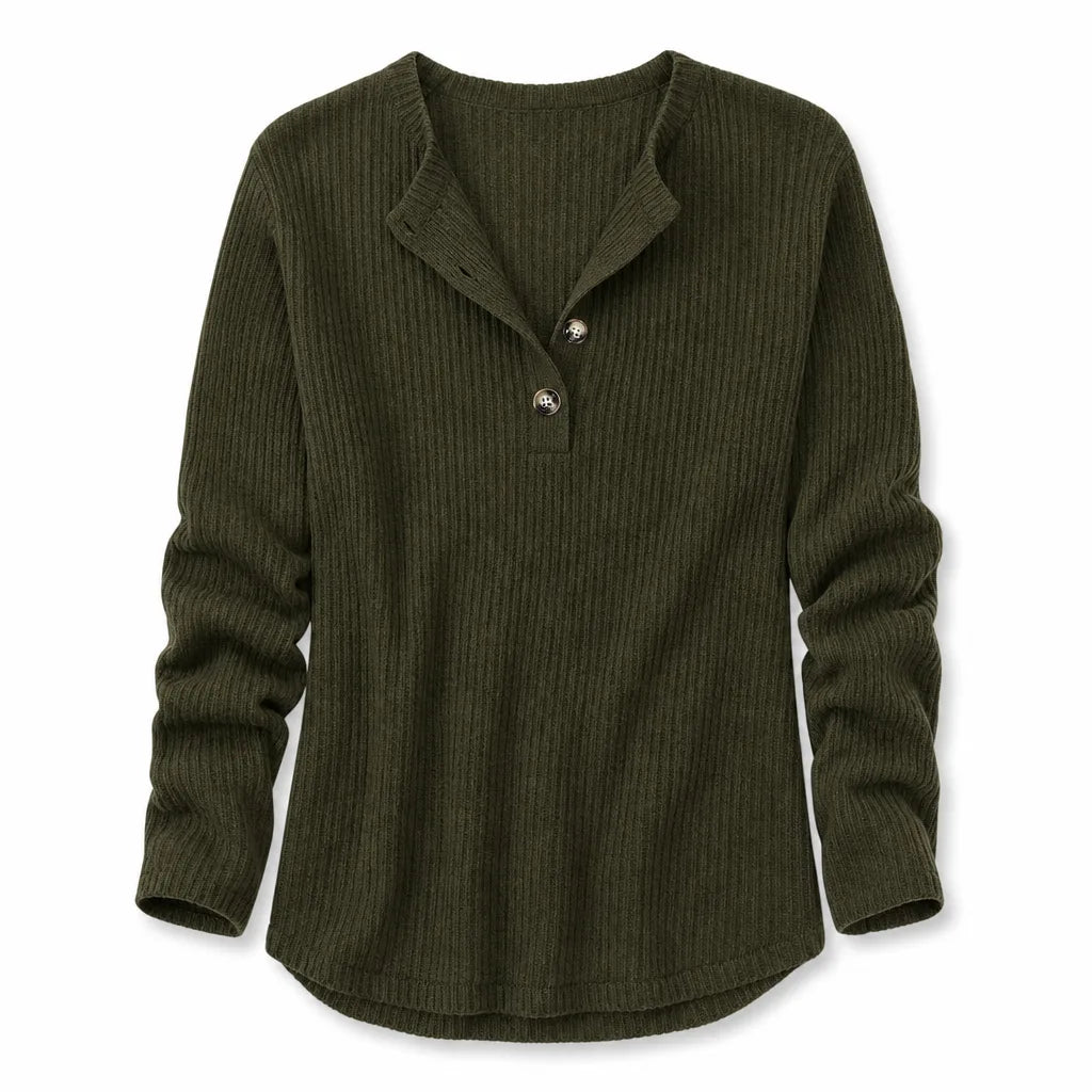 Olive green ribbed knit sweater featuring a collared half-button placket and a relaxed fit with long sleeves.