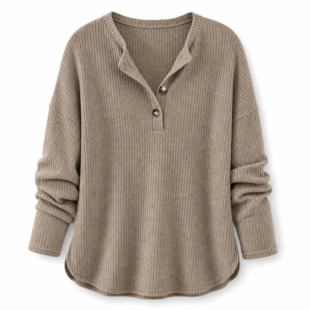 Taupe ribbed knit sweater with a collared half-button placket, relaxed fit, and curved side vents.