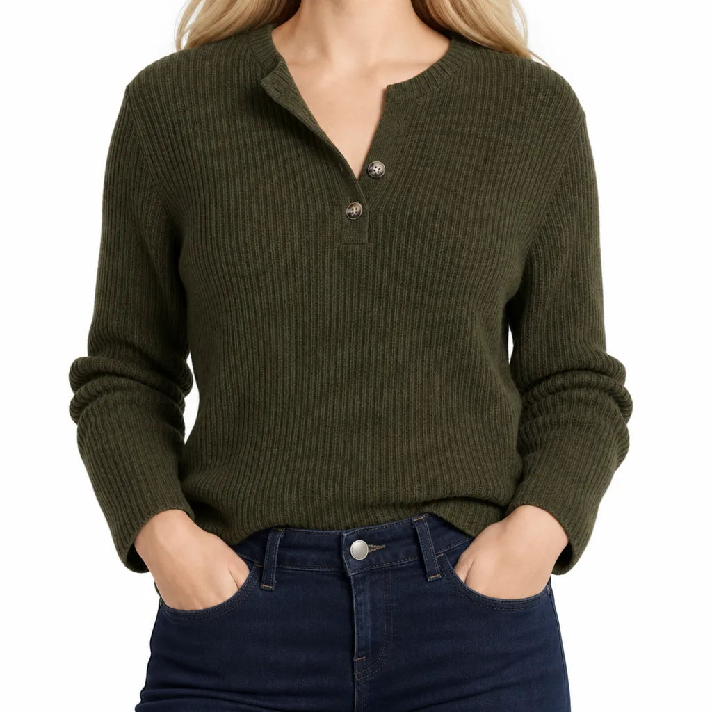 Olive green ribbed knit henley sweater featuring a half-button placket, long sleeves, and a relaxed, comfortable fit.