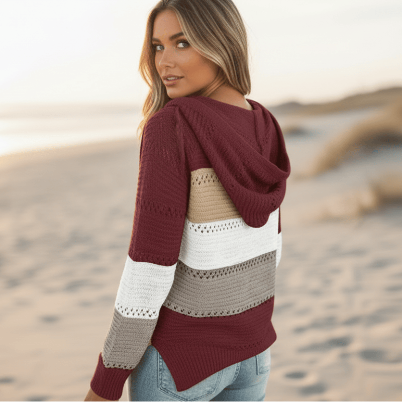 Color-block striped hooded sweater in burgundy, tan, and white with delicate eyelet crochet trim and ribbed hem.