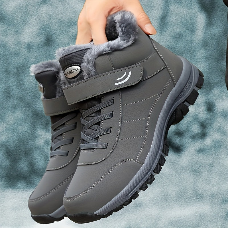 Gray fleece-lined ankle snow boots for men held up to show the plush collar and hook-and-loop strap