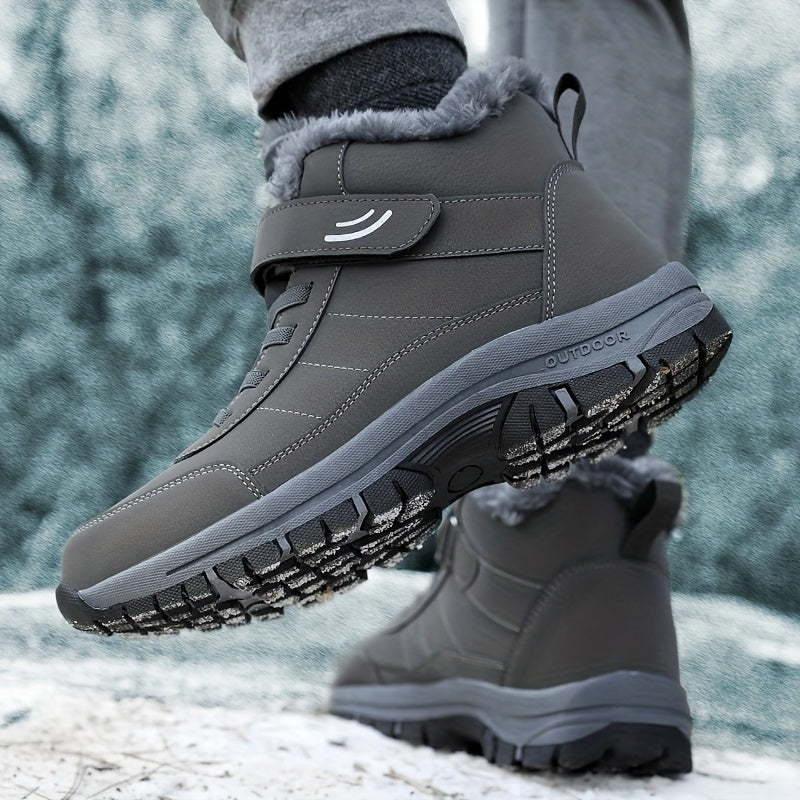 Gray ankle snow boots for men on a snowy rock, showing the deep lug sole tread and fleece collar
