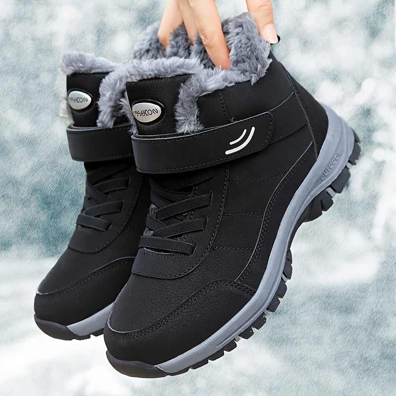 Black fleece-lined ankle snow boots for men with hook-and-loop strap and reinforced toe cap