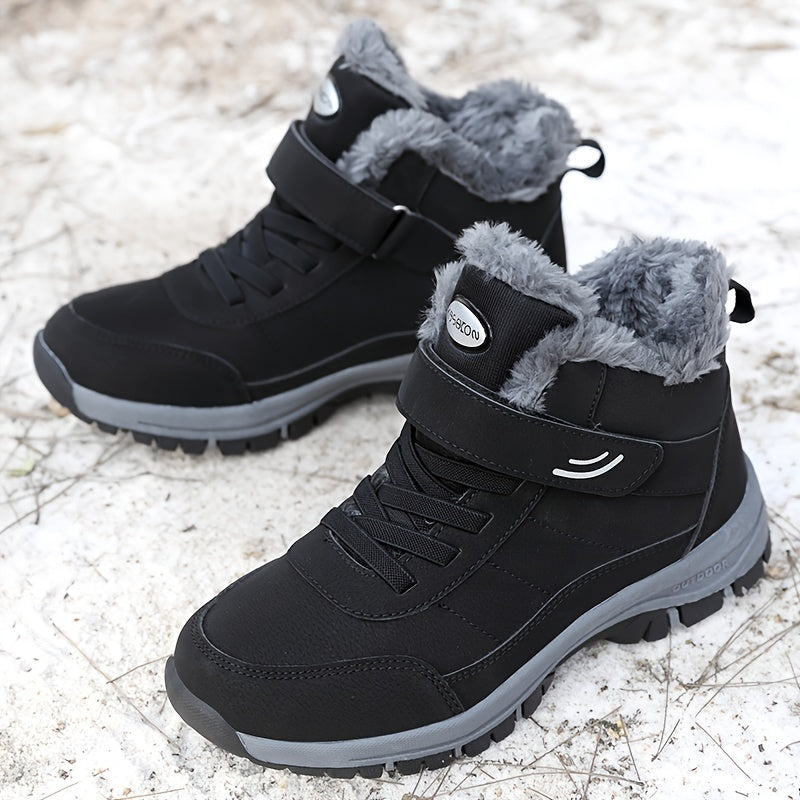 Black ankle snow boots for men with lace-up closure, plush lining and lug sole traction