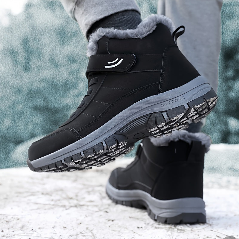 Black ankle snow boots for men with lace-up closure, plush lining and lug sole traction