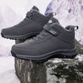 Gray ankle snow boots for men with lace-up front, hook-and-loop strap and deep lug sole