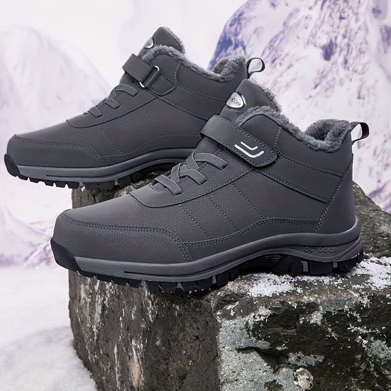 Gray ankle snow boots for men with lace-up front, hook-and-loop strap and deep lug sole
