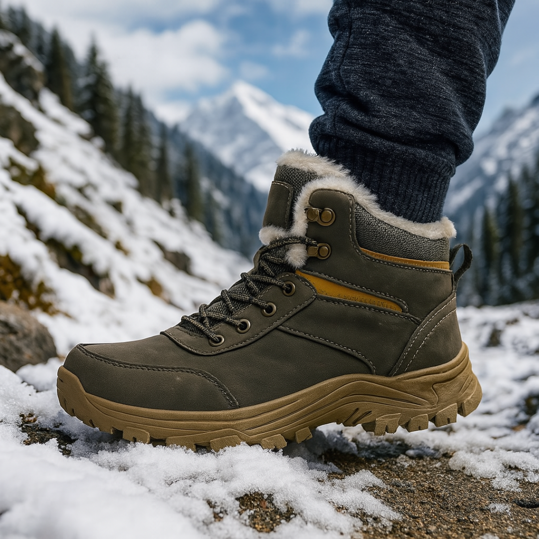 Gray vegan leather ankle snow boots for men worn on a snowy mountain trail