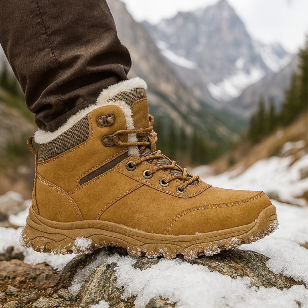 Brown vegan leather ankle snow boots for men worn on a snowy rock in the mountains