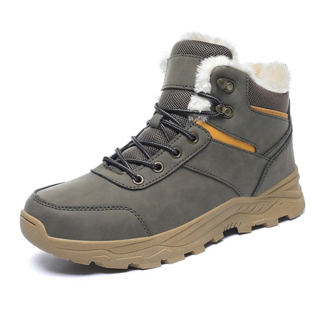 Gray ankle snow boot for men with cream fleece collar, contrast laces and rubber lug sole