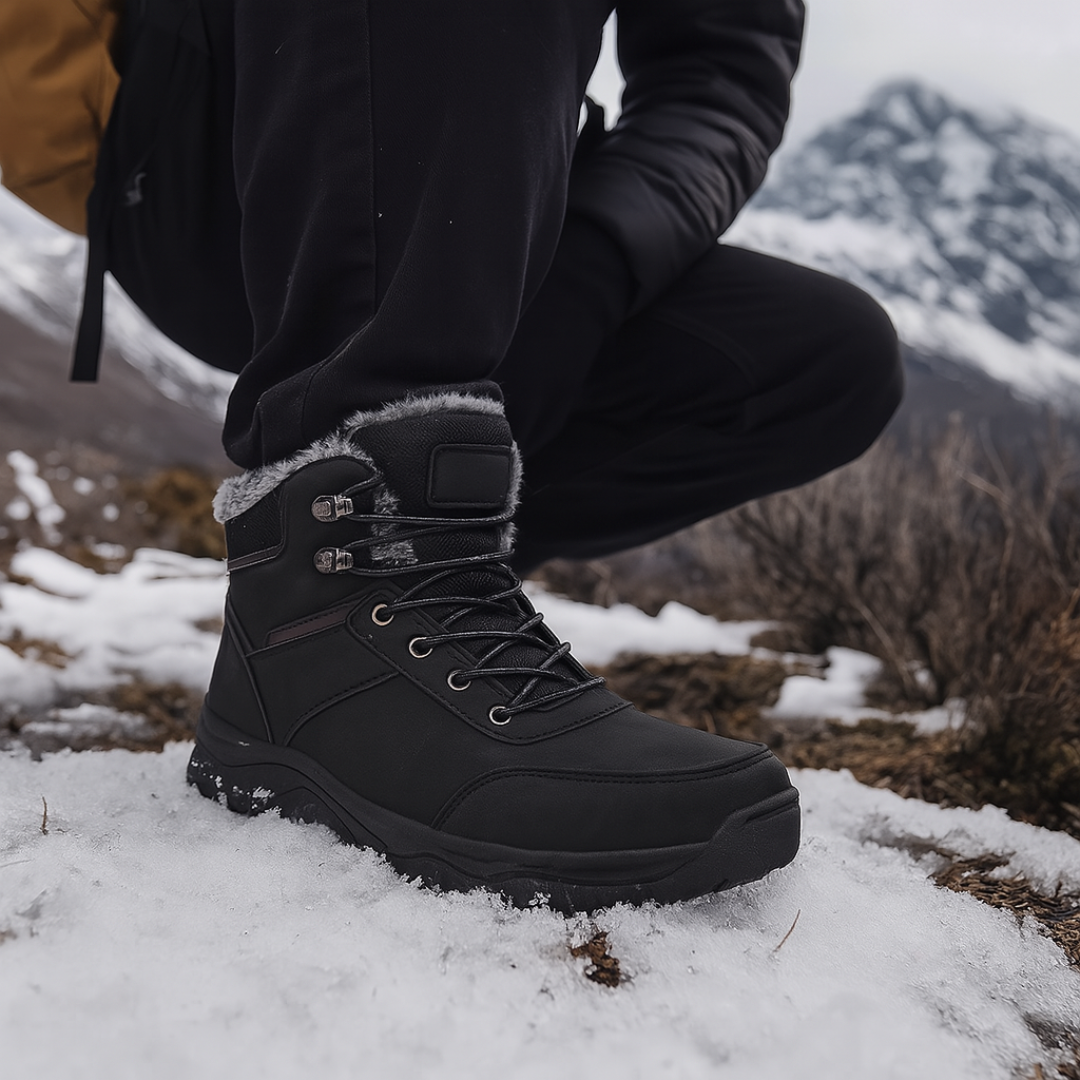 Man crouching in snow wearing black lace-up ankle snow boots with fleece-lined collar