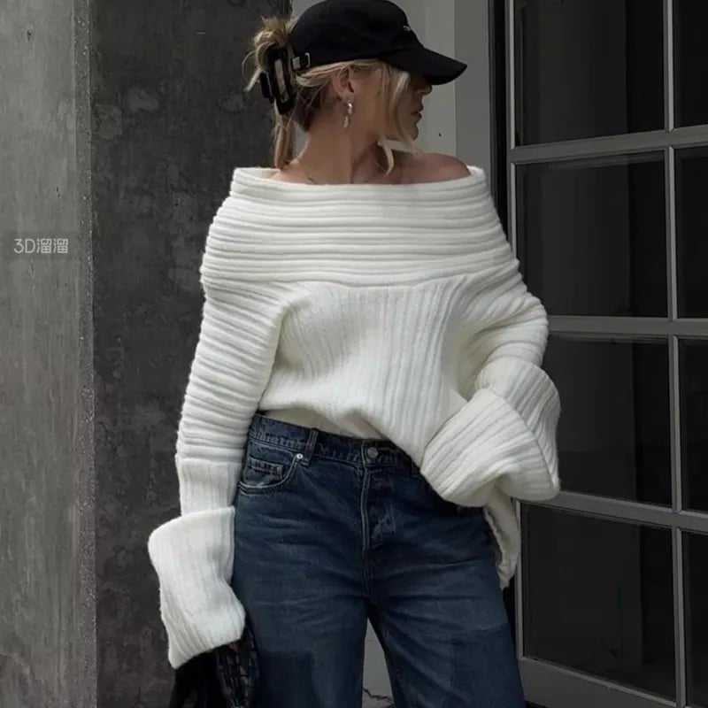Aria Ribbed Knit Sweater – Off-Shoulder Balloon Sleeve Casual Pullover