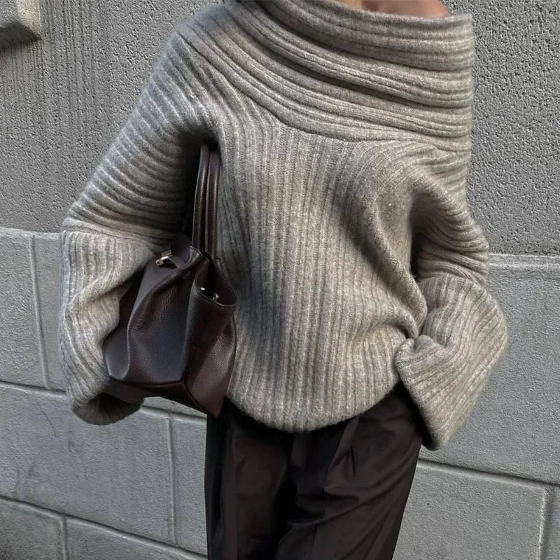 Aria Ribbed Knit Sweater – Off-Shoulder Balloon Sleeve Casual Pullover