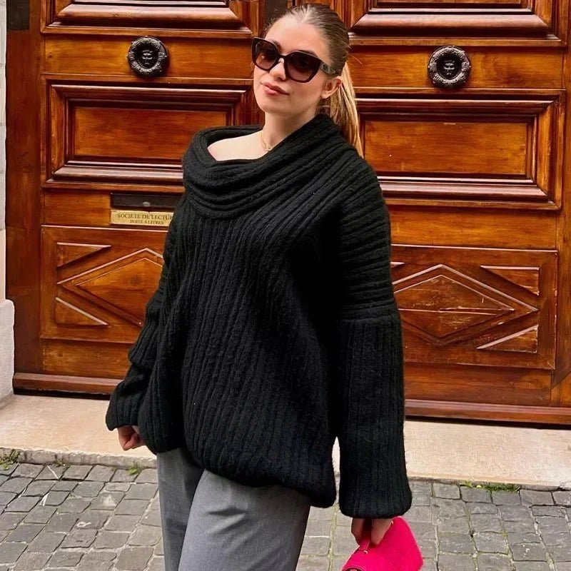 Aria Ribbed Knit Sweater – Off-Shoulder Balloon Sleeve Casual Pullover