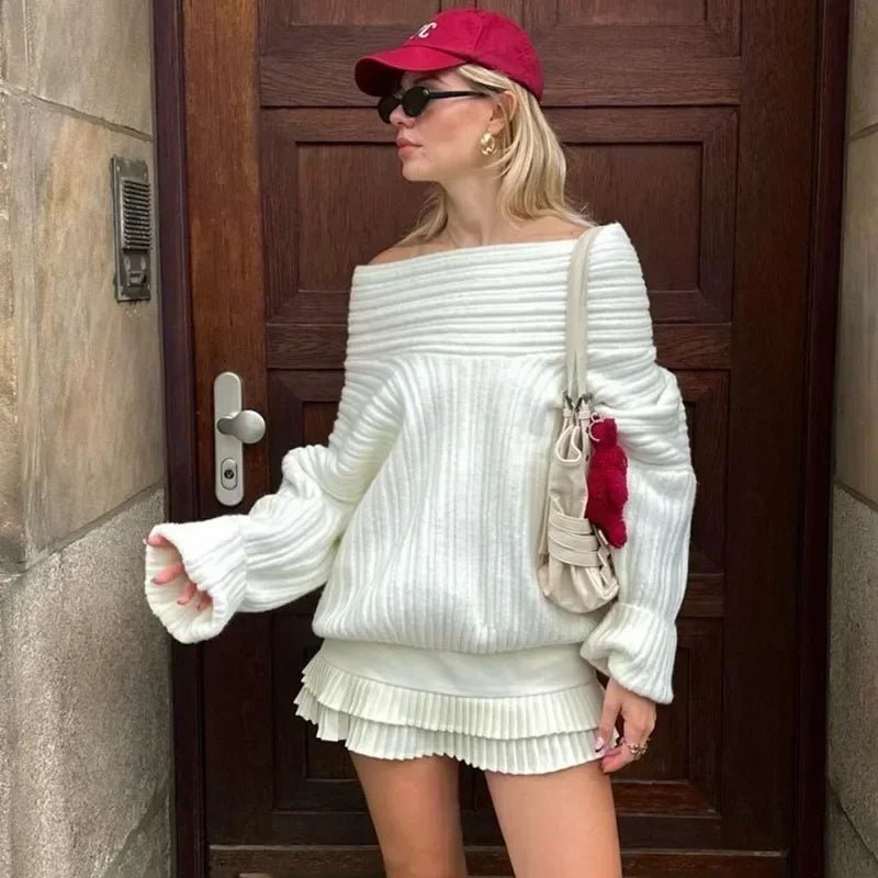 Aria Ribbed Knit Sweater – Off-Shoulder Balloon Sleeve Casual Pullover