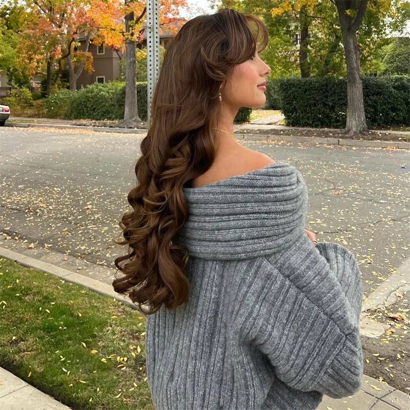 Aria Ribbed Knit Sweater – Off-Shoulder Balloon Sleeve Casual Pullover