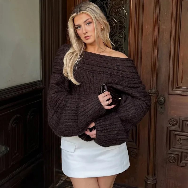Aria Ribbed Knit Sweater – Off-Shoulder Balloon Sleeve Casual Pullover