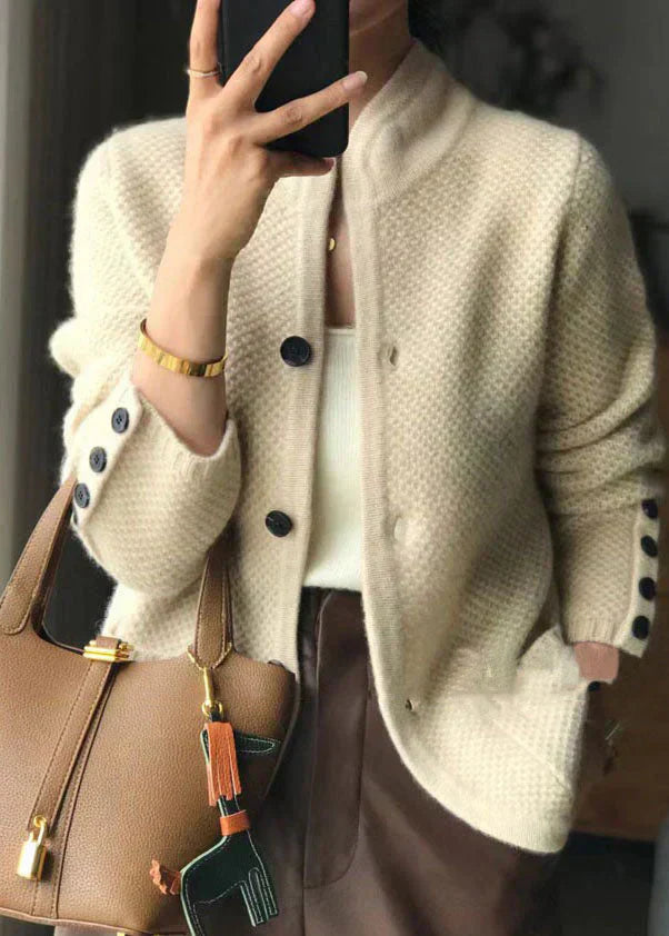 Aria Textured Knit Cardigan – Collarless Button-Front Hip-Length Knitwear