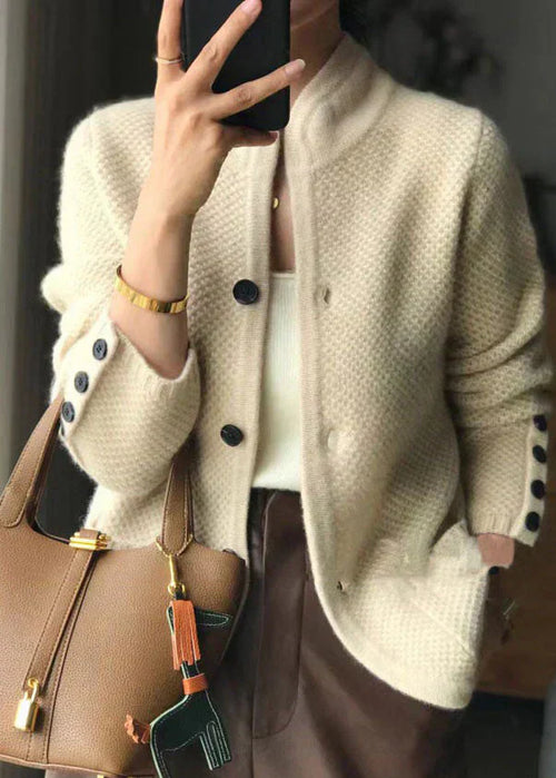 Aria Textured Knit Cardigan – Collarless Button-Front Hip-Length Knitwear
