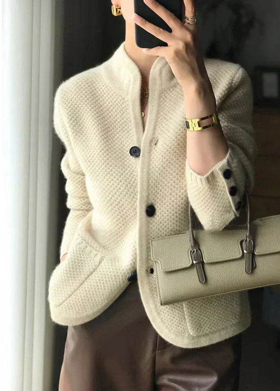 Aria Textured Knit Cardigan – Collarless Button-Front Hip-Length Knitwear