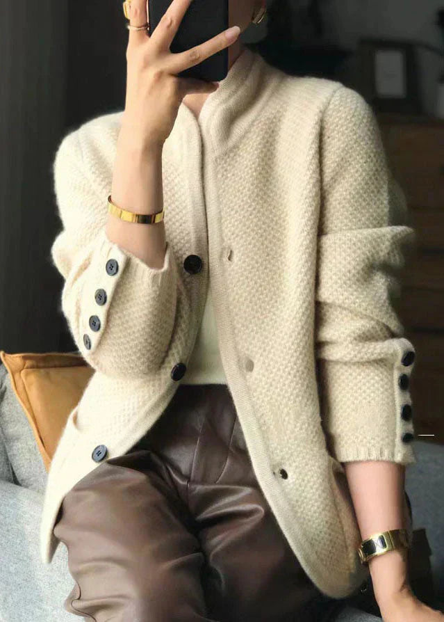 Aria Textured Knit Cardigan – Collarless Button-Front Hip-Length Knitwear