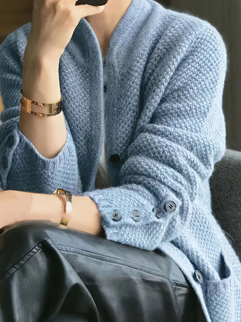 Aria Textured Knit Cardigan – Collarless Button-Front Hip-Length Knitwear
