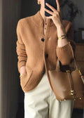 Aria Textured Knit Cardigan – Collarless Button-Front Hip-Length Knitwear