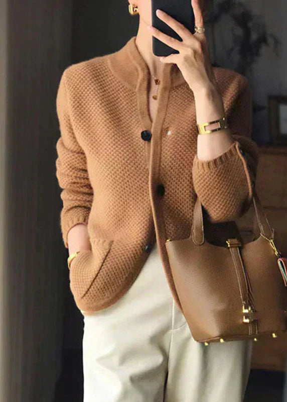 Aria Textured Knit Cardigan – Collarless Button-Front Hip-Length Knitwear