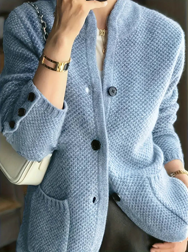 Aria Textured Knit Cardigan – Collarless Button-Front Hip-Length Knitwear