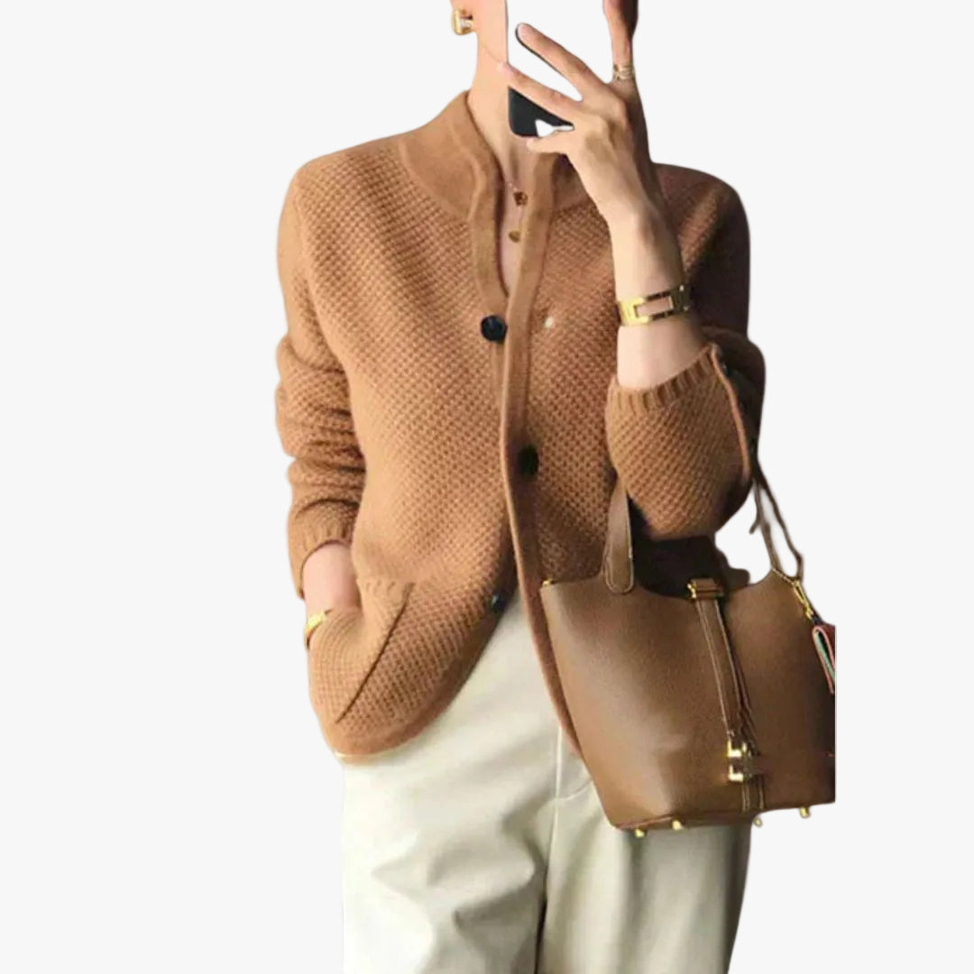 Aria Textured Knit Cardigan – Collarless Button-Front Hip-Length Knitwear